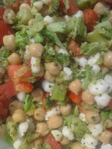 Broccoli, Chickpea, Hominy, and Tomato Salad