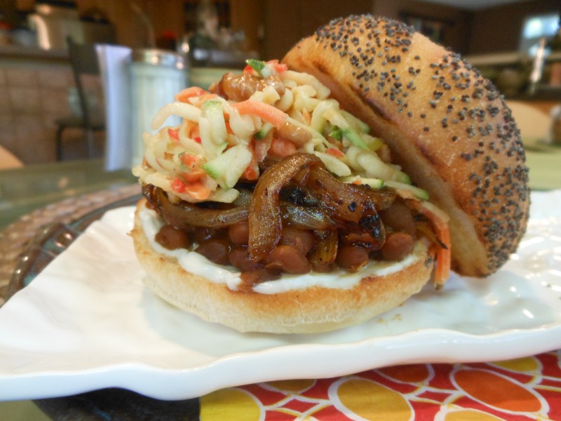 BBQ Bean Sandwich with Caramelized Onions and Fall Festival Slaw