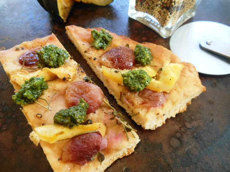 Focaccia with Red Grapes, Acorn Squash, and Kale Pesto--Slices