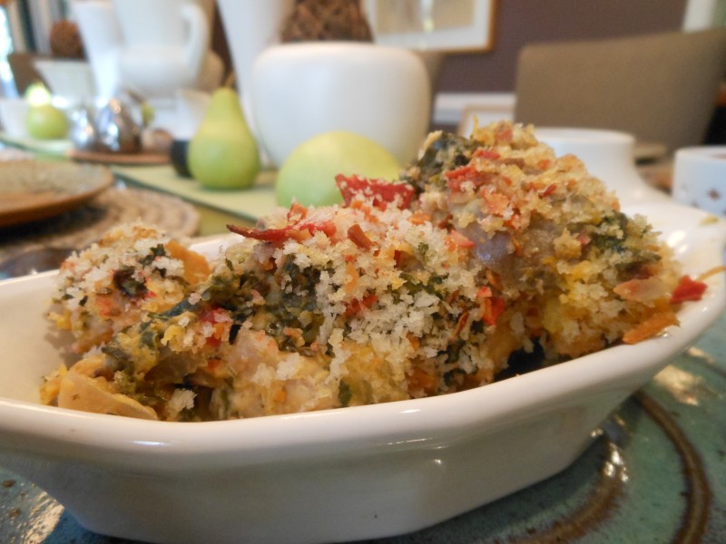 Pumpkin, Kale, Mushroom and Tempeh Casserole with Sweet Potato Chip Topping