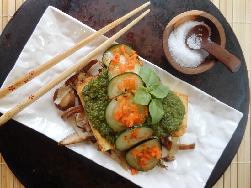 Vietnamese Tofu Stack with Golden Shitake Saute, Herb and Peanut Pesto, and Pickled Cucumber-Carrots