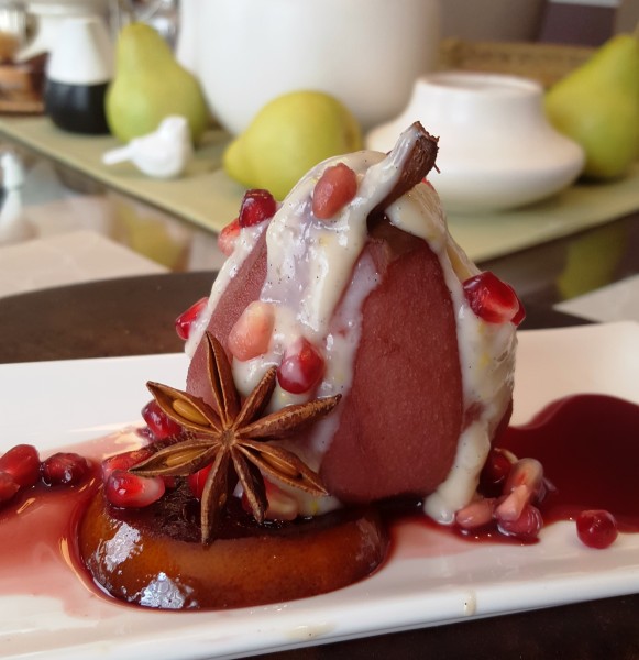 Wine Poached Pears with Coconut Cream Sauce