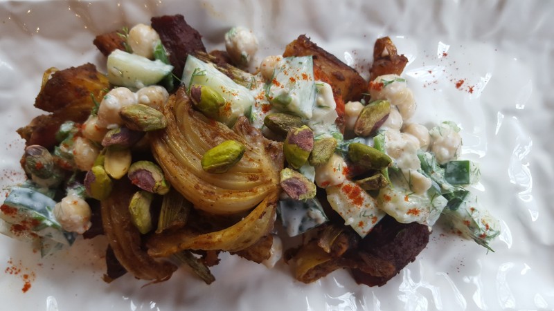 Middle Eastern Roasted Carrots with Yogurt, Chickpea, Cucumber Topping