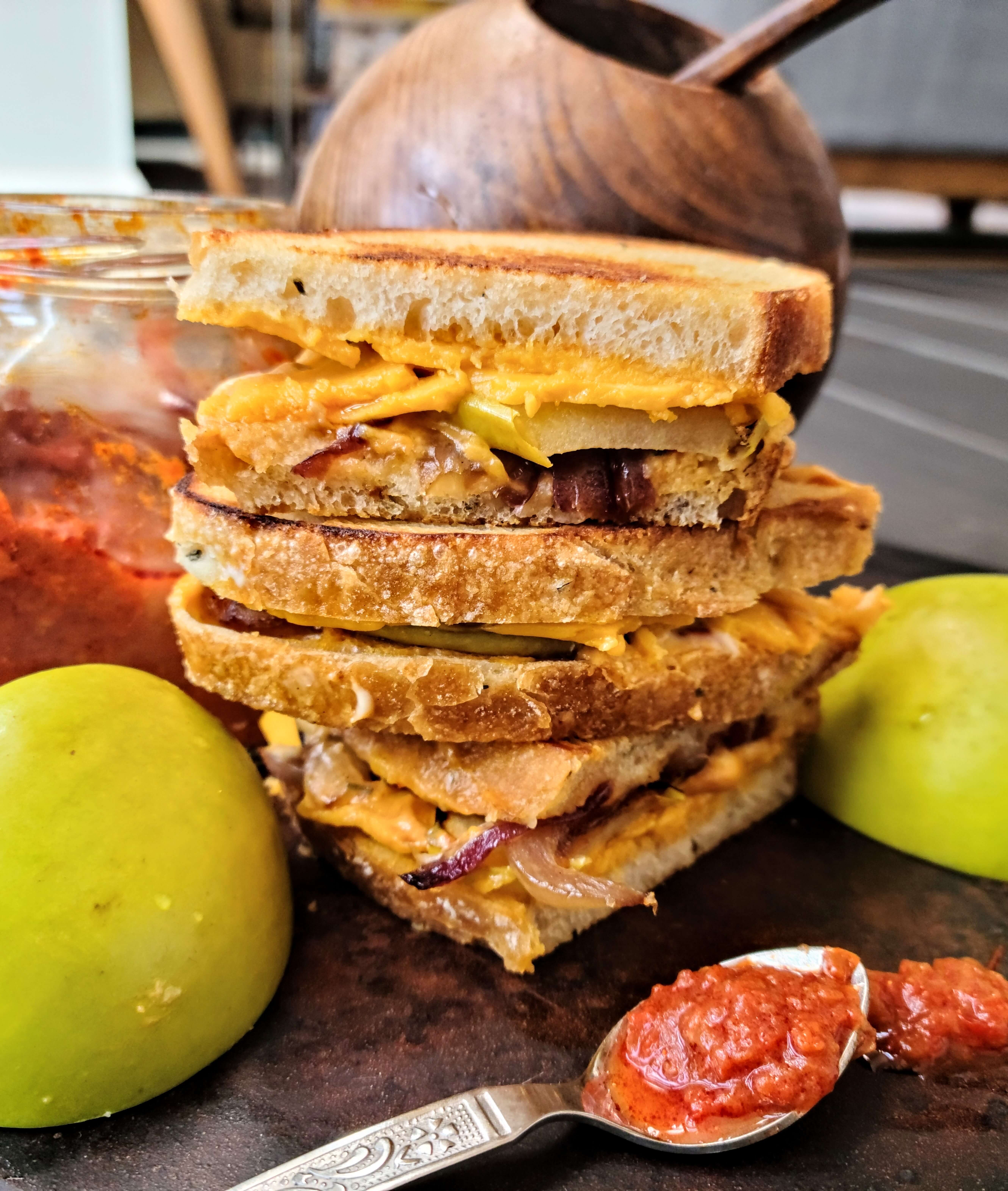 Grilled Cheese Sandwiches w/ Caramelized Onions & Green Apple (vegan & plant-based)