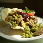 Vegan Indian Samosa Potato-Pea Salad on a Poppadom