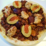 Vegan Spanish Chorizo Pizza with Green Olives, Creamy Macadamia “Cheese” and Marconi Almonds