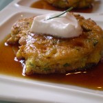 Vegan Tunisian Zucchini and Chickpea Flour Fritters with Pomegranate-Maple Syrup