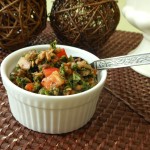 Vegan Mediterranean Kale Salad with Lentils, Red Onion, Orange Bell Pepper and Sunflower Seeds with Sumac Vinaigrette