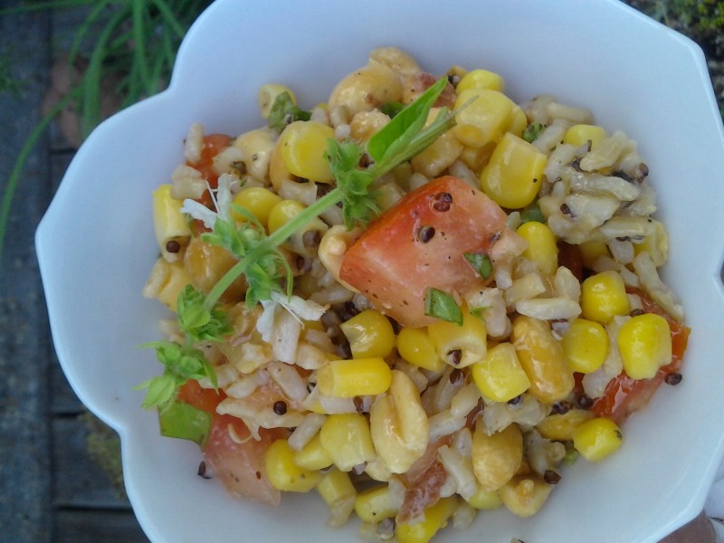 Wild Rice, Corn, Peanuts, Tomato, and Basil Salad