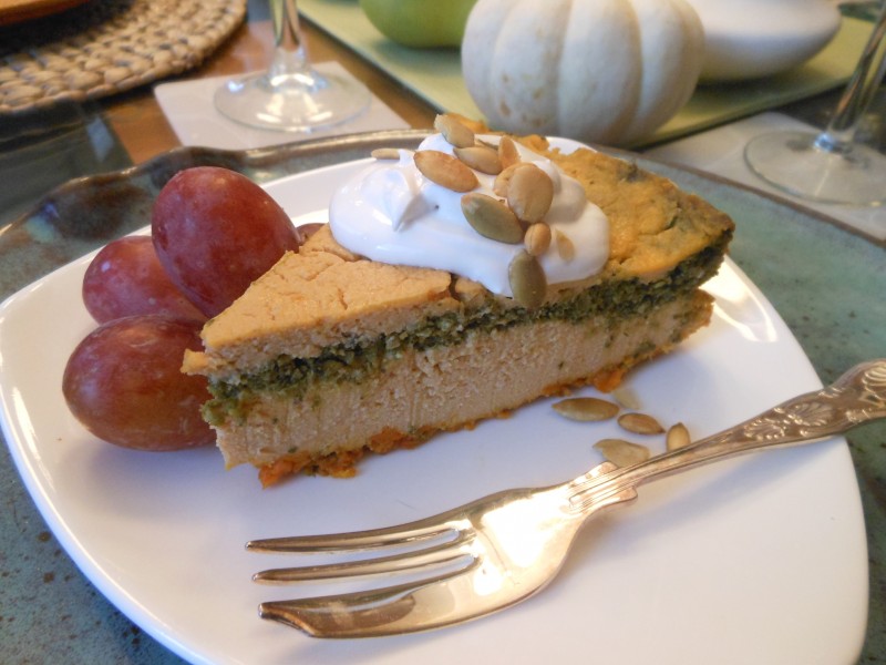 Savory 3-Layer Mashed Sweet Potato and Kale Pesto Cheesecake
