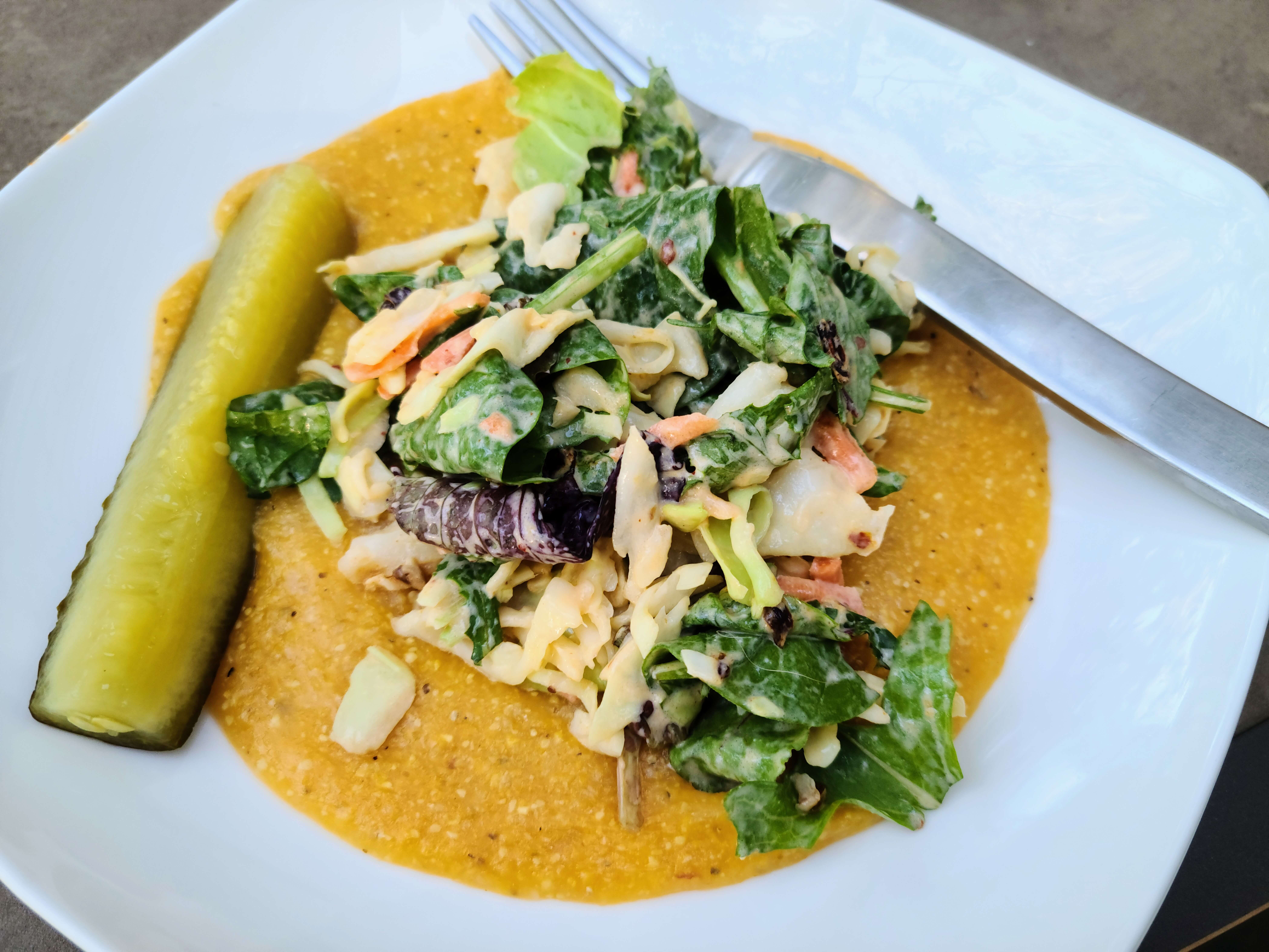Sichuan Slaw over Stoneground Cheez Grits (vegan & plant-based)