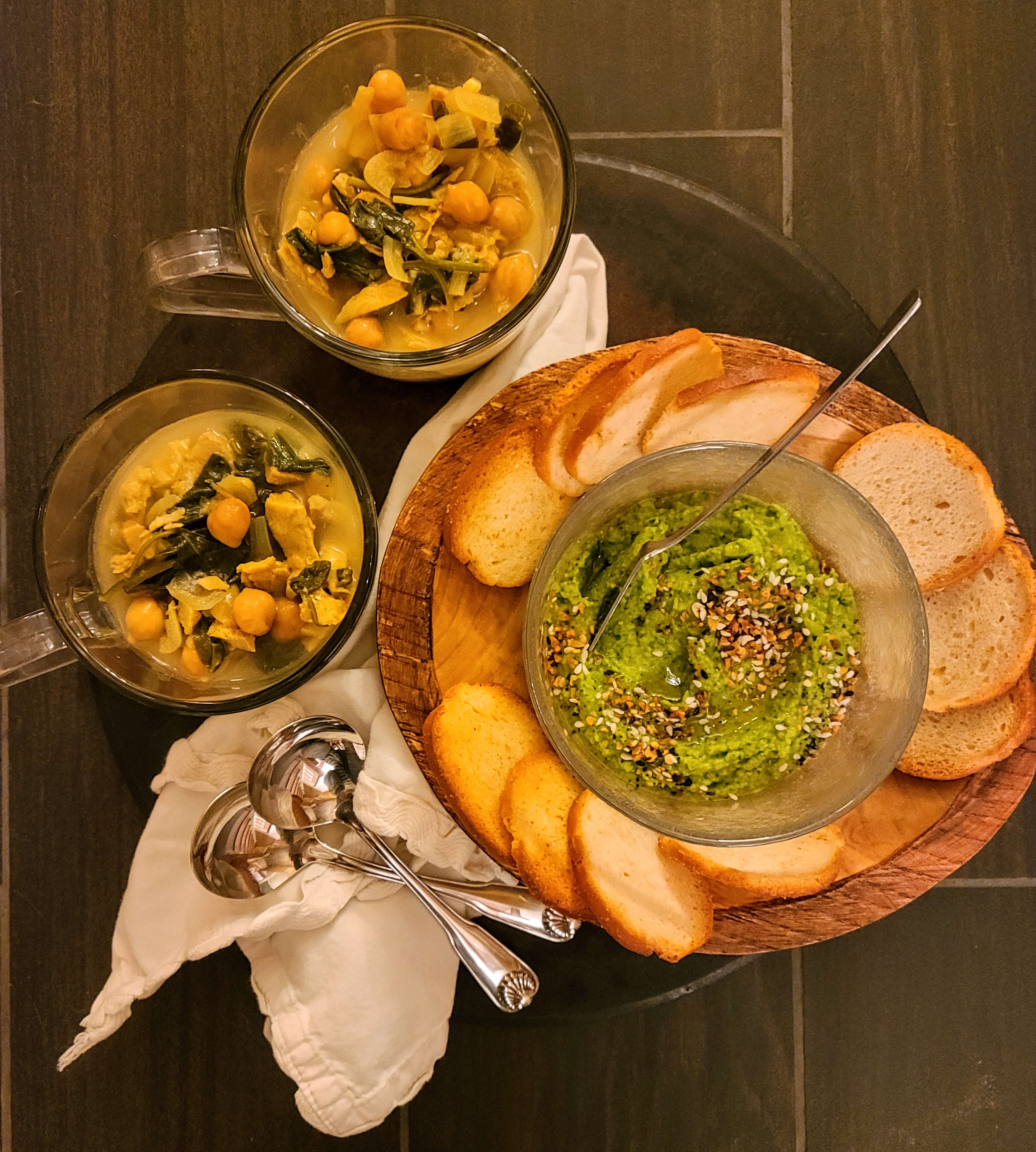 2-for-1: Green Pea Hummus + Mid East Chick-Spinach-Parm Soup (vegan/plant-based)
