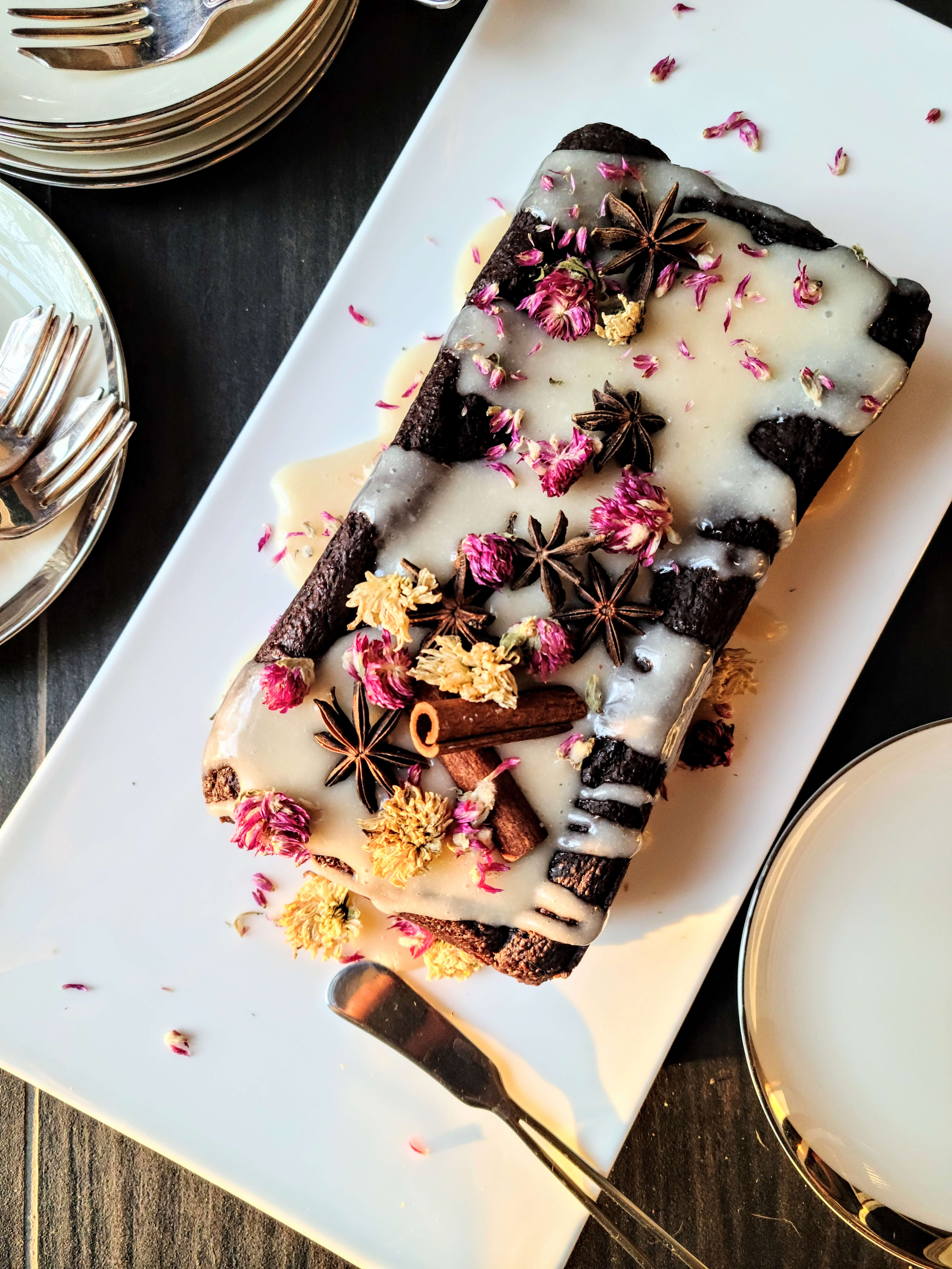 Chocolate-Pear Loaf with Chai-Sour Cream Glaze–A Valentine’s Pear-ing (vegan & plant-based)