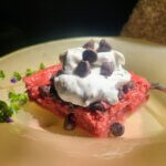 Strawberry-Balsamic Chocolate Chip Sheet Cake w/ Basil Creme Fraiche